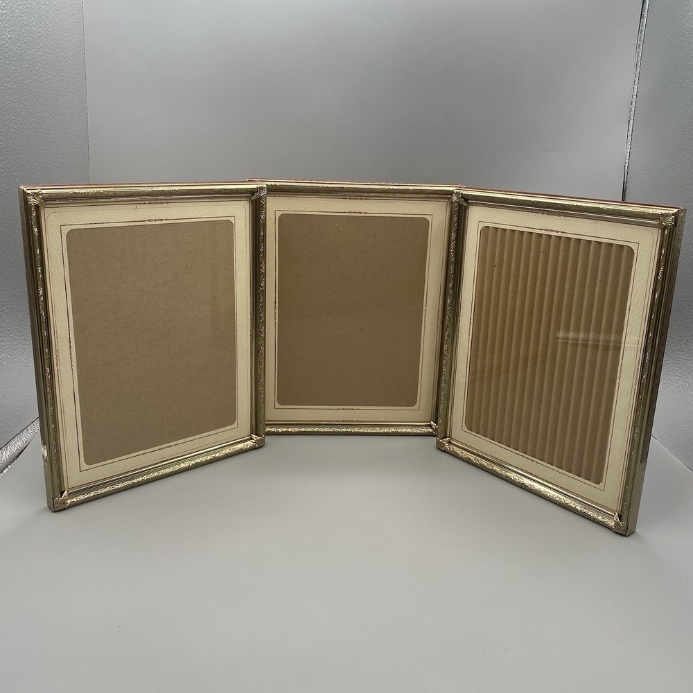 Mid Century Brass Tri-Fold Hinged Frame 8 X‎ 10 Ornate Fold Flat Hinges Etched